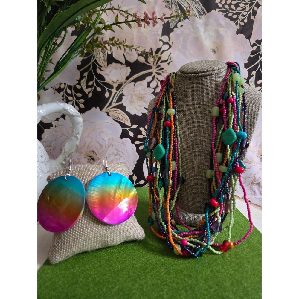 80s Boho Multi Strand Seed Bead Necklace & Rainbow Iridescent Shell Earrings Set